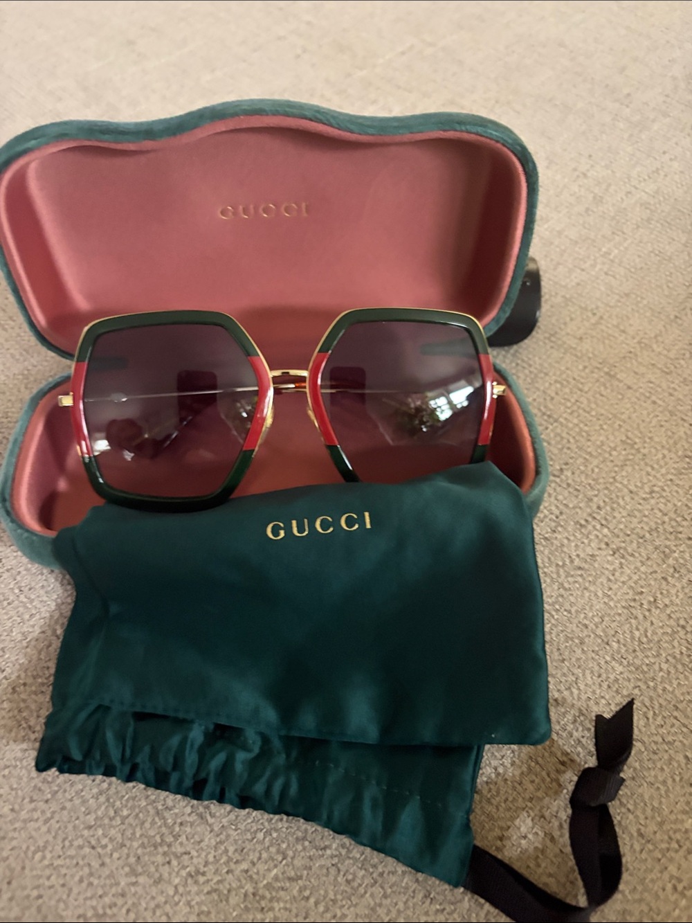 Gucci Oversized Hexagonal Sunglasses in Red, Green and Gold